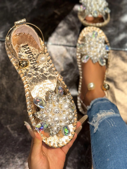 Pearl Embellished Flat Sandals - Gold - View 4