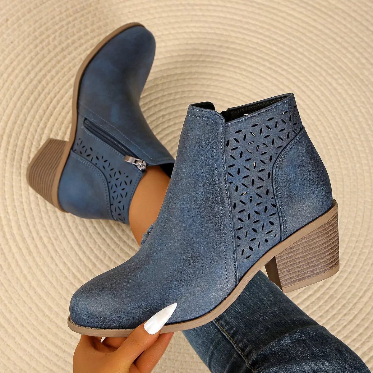 Point Toe Block Heels Boots - Blue - View 14