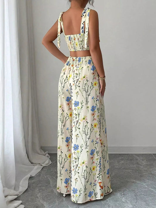 Floral Print Tie-Shoulder Crop Top & Wide Leg Pants Set - product photo 2