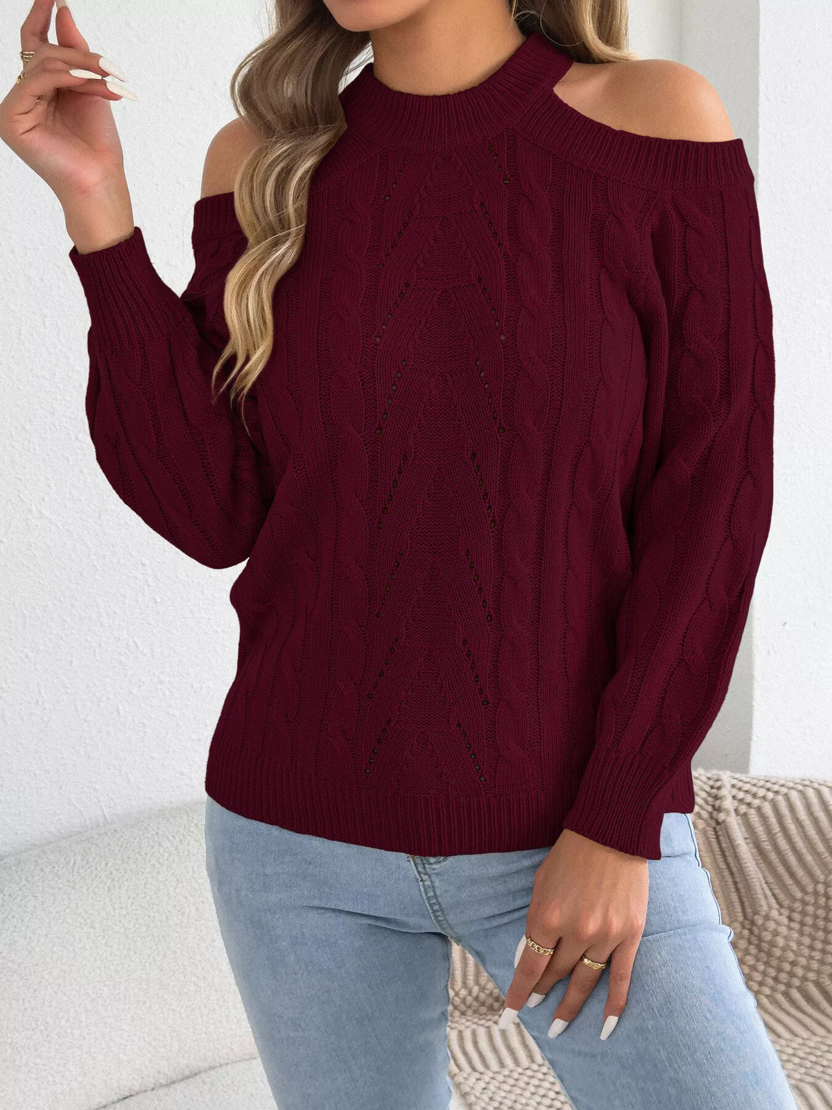 Cold Shoulder Cable Knit Sweater - Burgundy - View 3