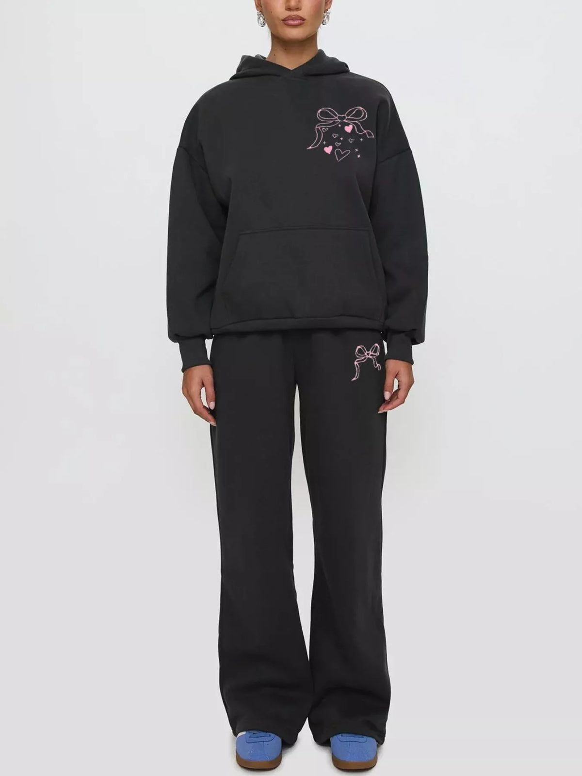 Bow and Heart Dropped Shoulder Hoodie and Pants Set - All Colors - View 1