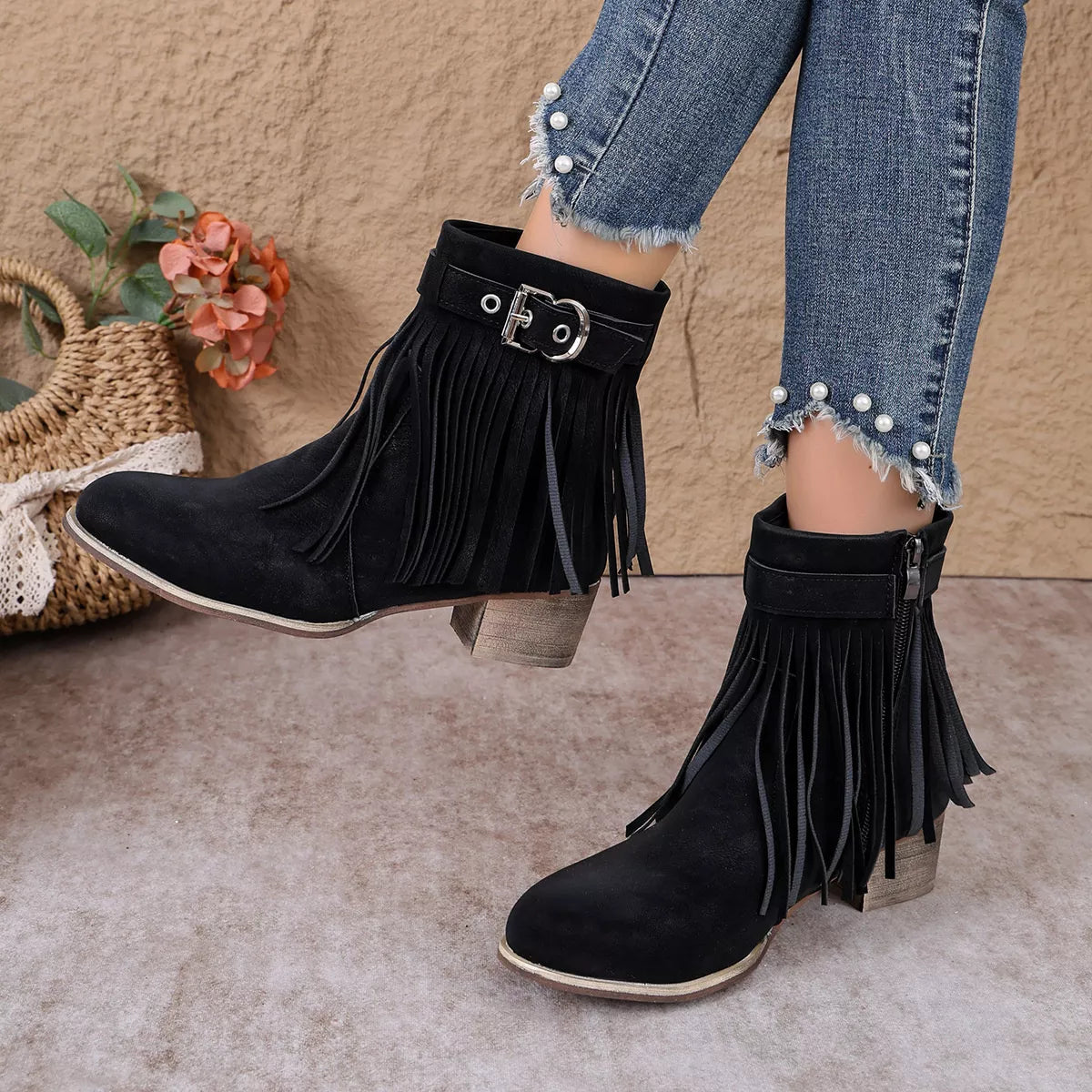 Fringe Ankle Boots with Buckle Detail - Black - View 2