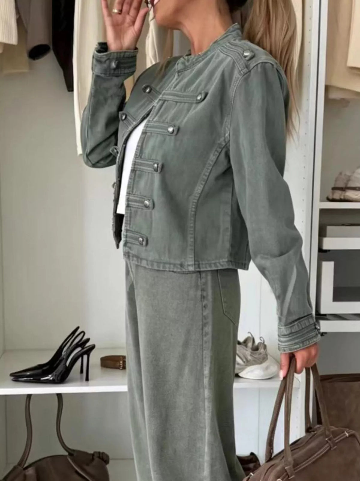 Decorative Button Cropped Denim Jacket - Army Green - View 3