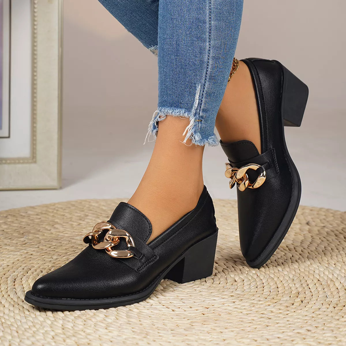 Point Toe Block Heels Loafers - F35 Black - View 7