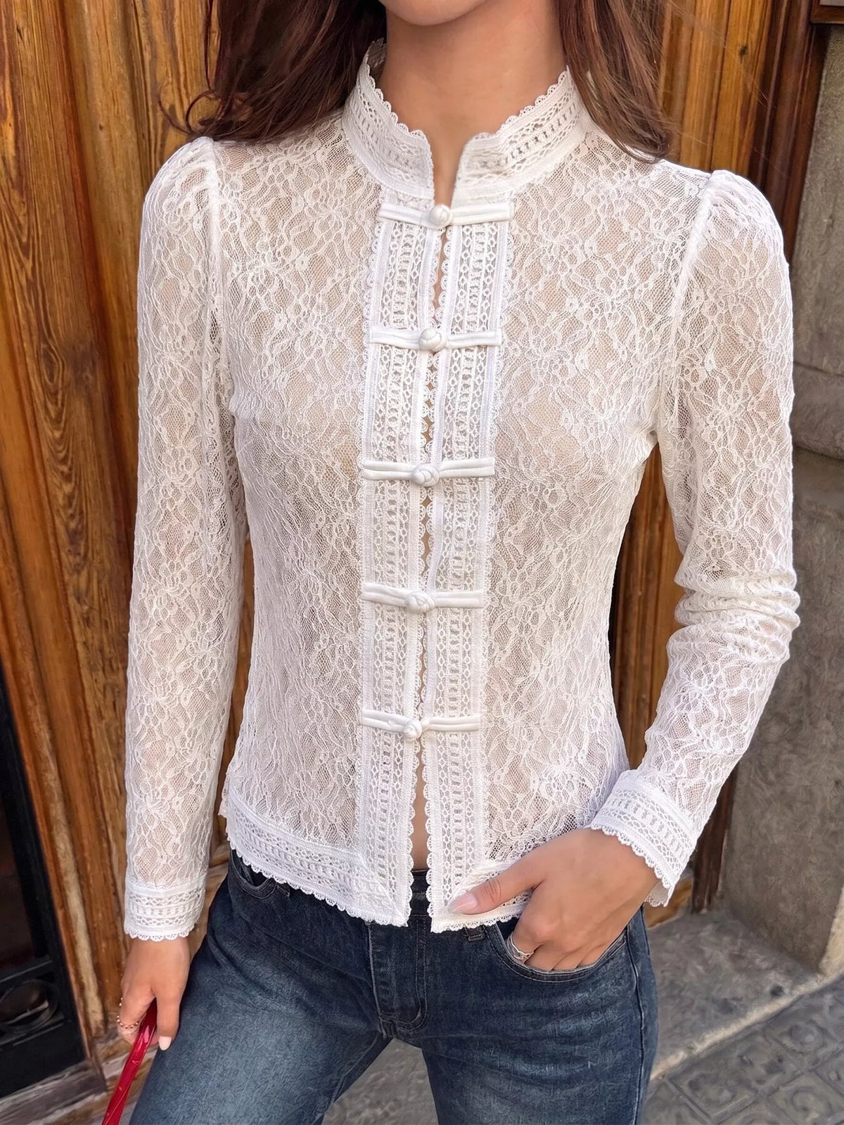 Lace Chinese Style Button Shirt - White - View 4