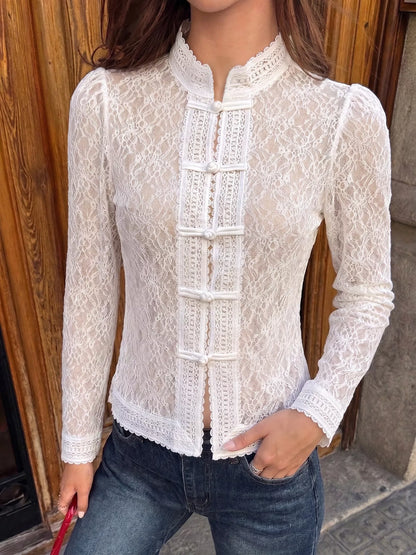 Lace Chinese Style Button Shirt - White - View 4