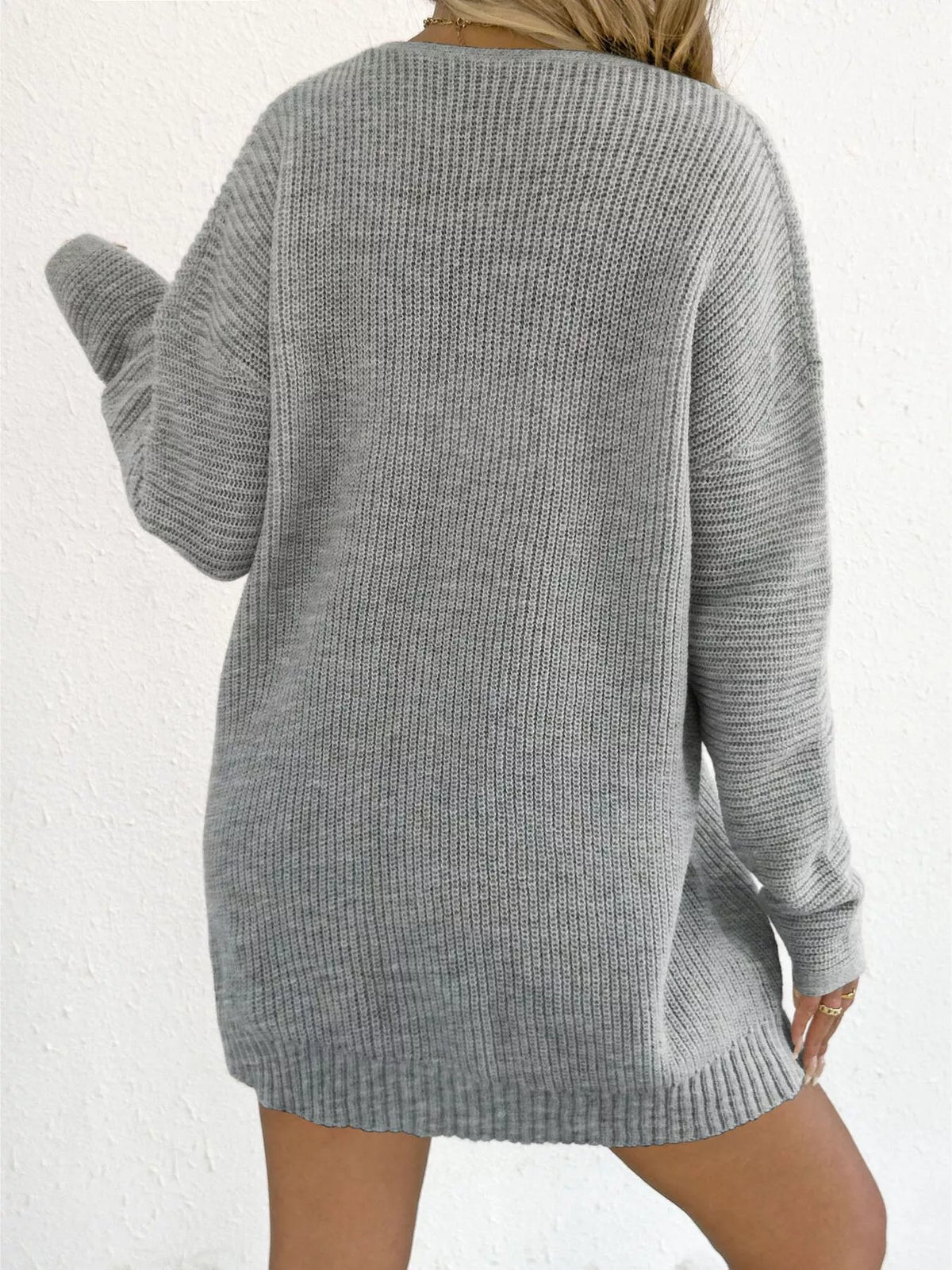 Bow Ribbed Knit Sweater Dress - Gray - View 3