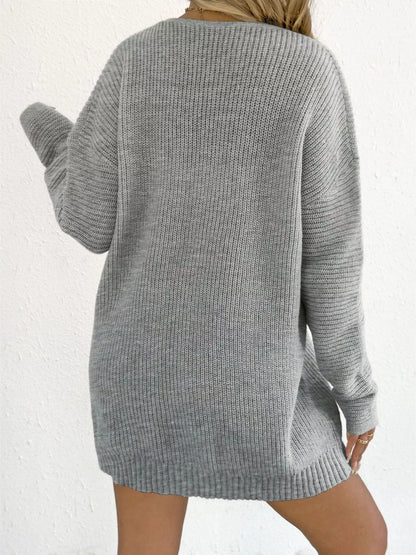 Bow Ribbed Knit Sweater Dress - Gray - View 3
