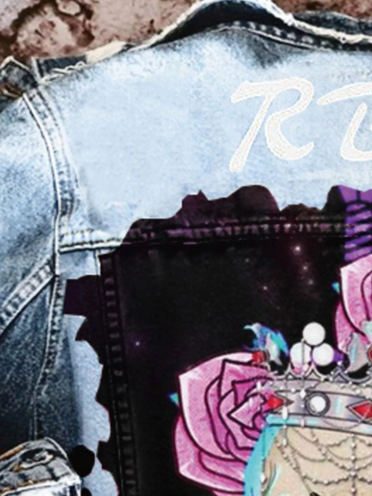 Full Size Skull and Rose Graphic Denim Jacket Plus Size - Light Blue - View 2