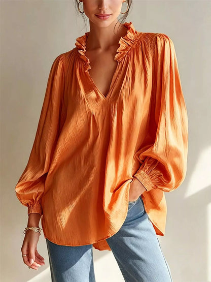 Ruffle Trim Long Sleeves Blouse - Tangerine - View 1