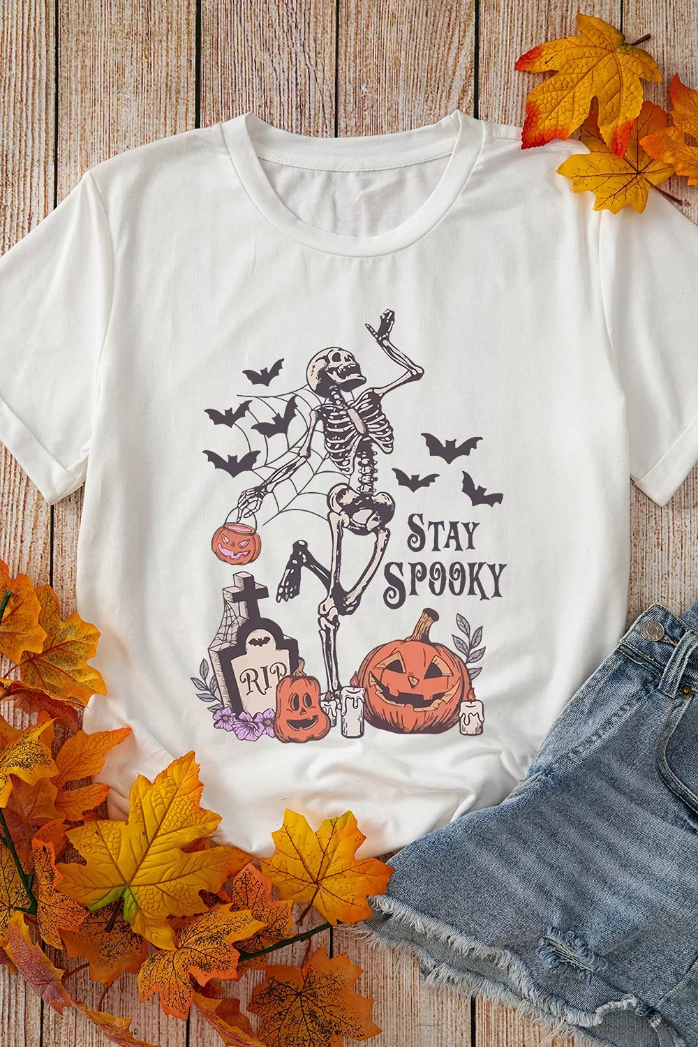 Full Size Skull Pumpkin Face STAY SPOOKY Graphic Halloween T Shirt Plus Size - White - View 2