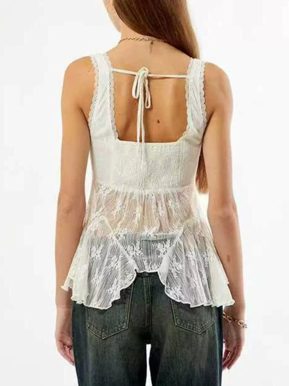 Lace V-Neck Tank - White - View 3
