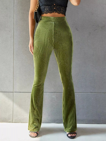 High-Waisted Ribbed Velvet Flare Pants - Matcha Green - View 2