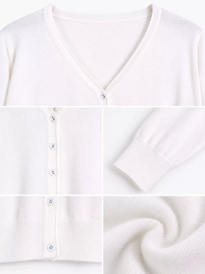 Classic V-Neck Button-Down Knit Cardigan - White - View 6