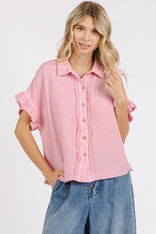 Mittoshop Mineral Washed Button Down Flounce Sleeve Shirt - Blush Pink - View 2
