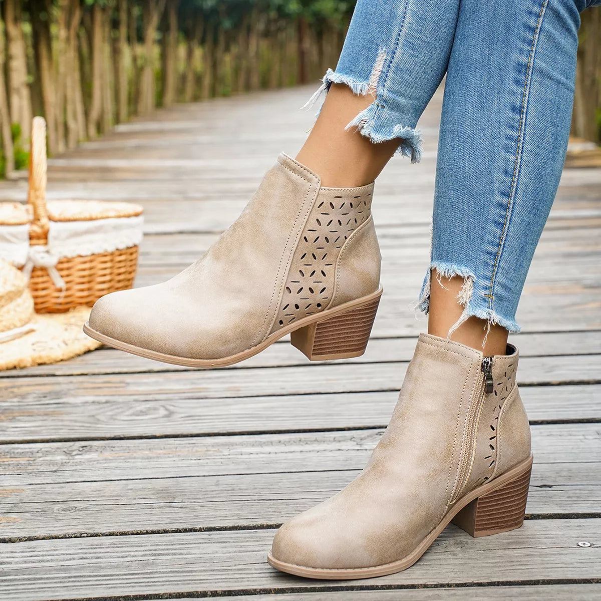 Round Toe Block Heels Boots - Apricot - View 5