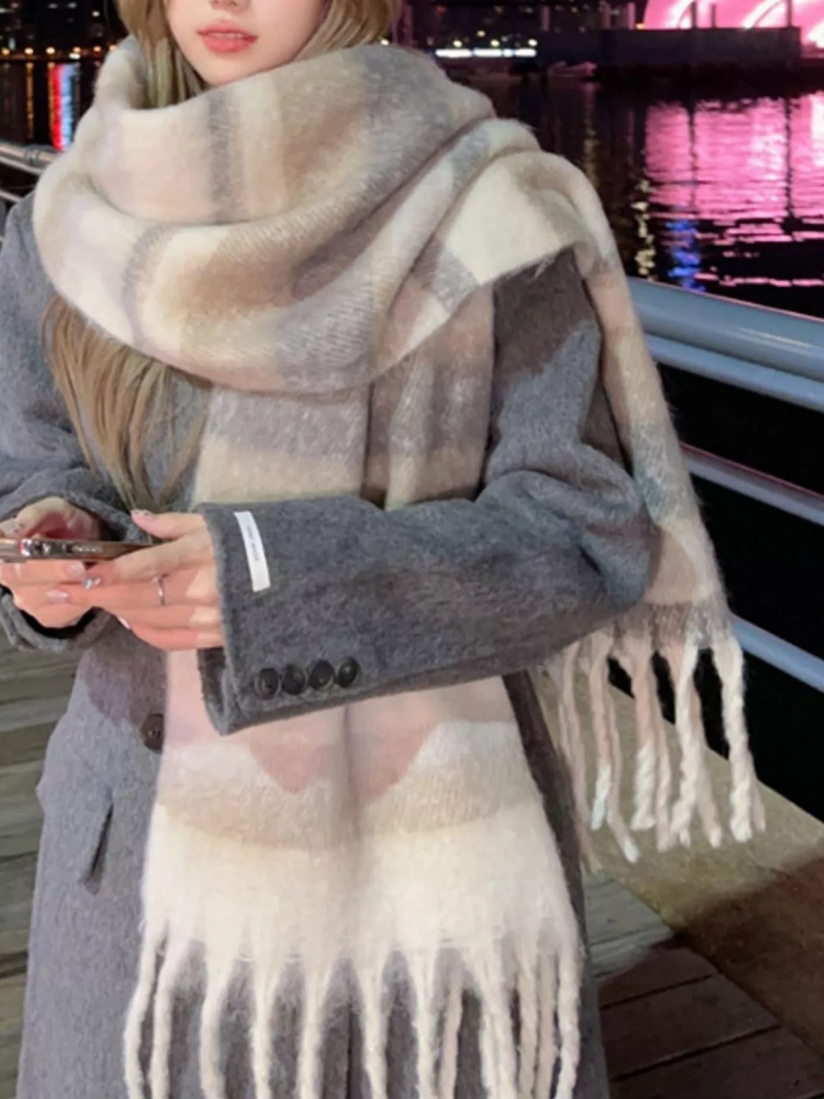 Striped Fringe Scarf - Khaki - View 3