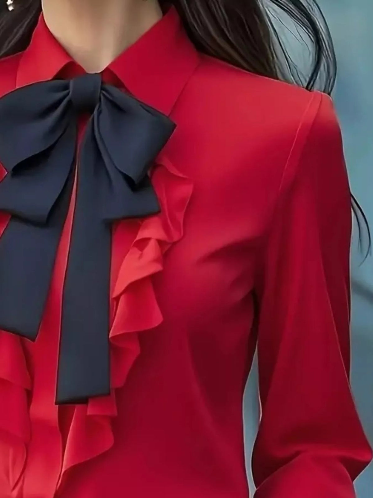 Ruffled Tie Front Long Sleeve Blouse - Red - View 12