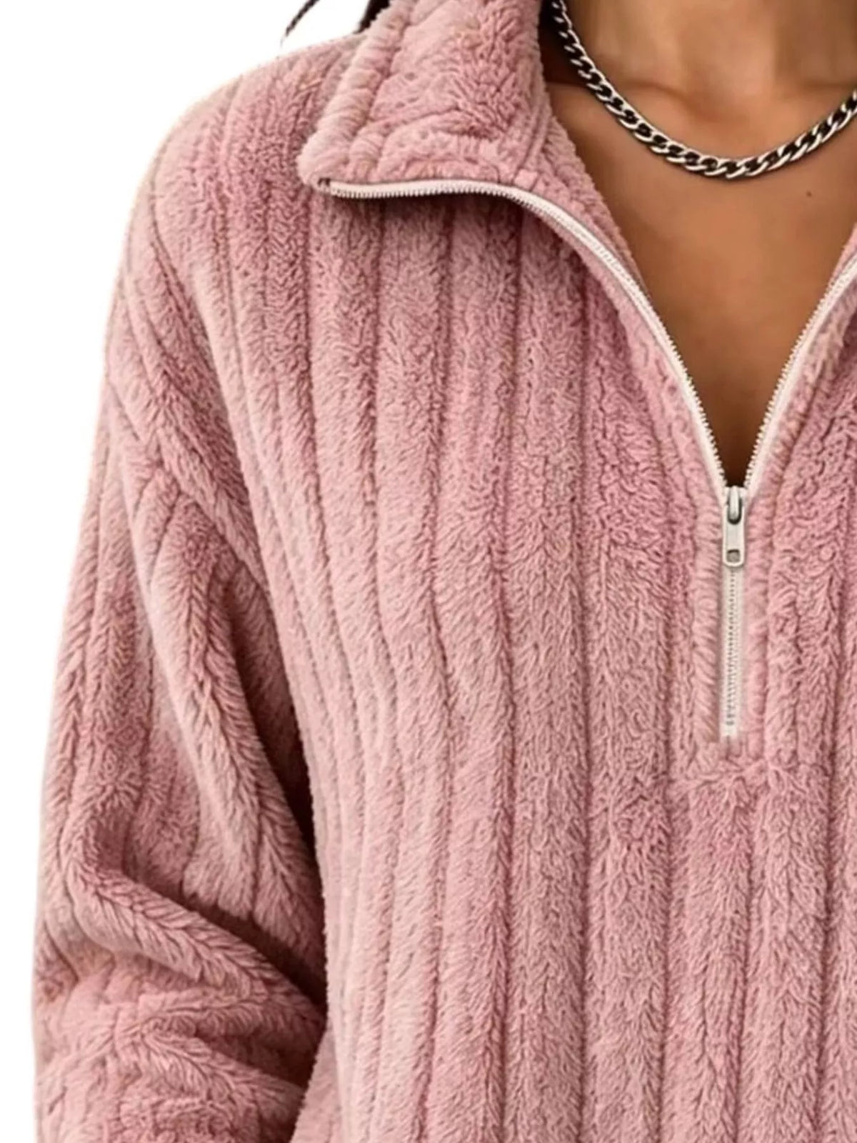 Quarter-Zip Dropped Shoulder Sweatshirt - Dusty Pink - View 3
