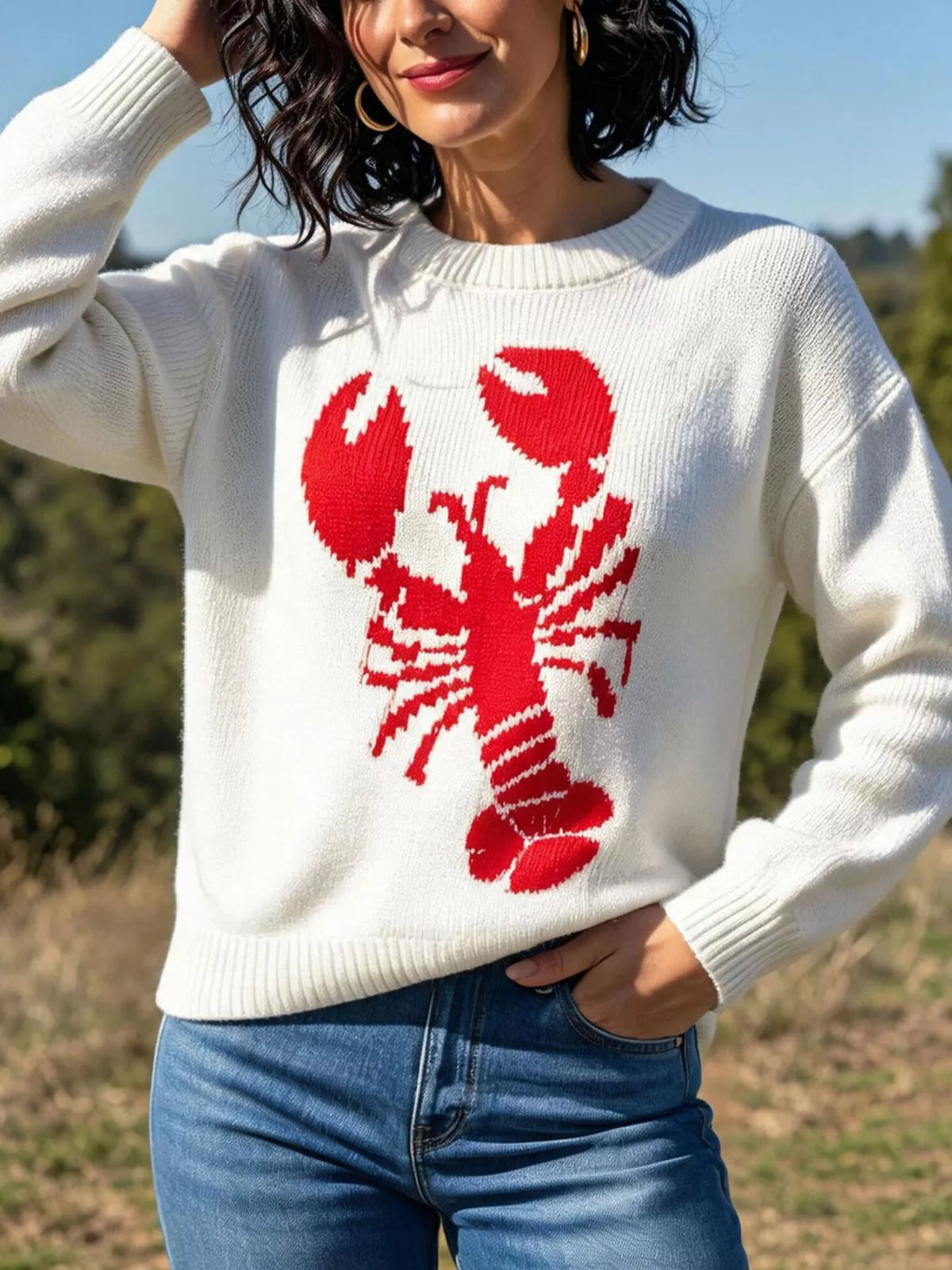 Lobster Graphic Crew Neck Sweater - Ivory - View 4