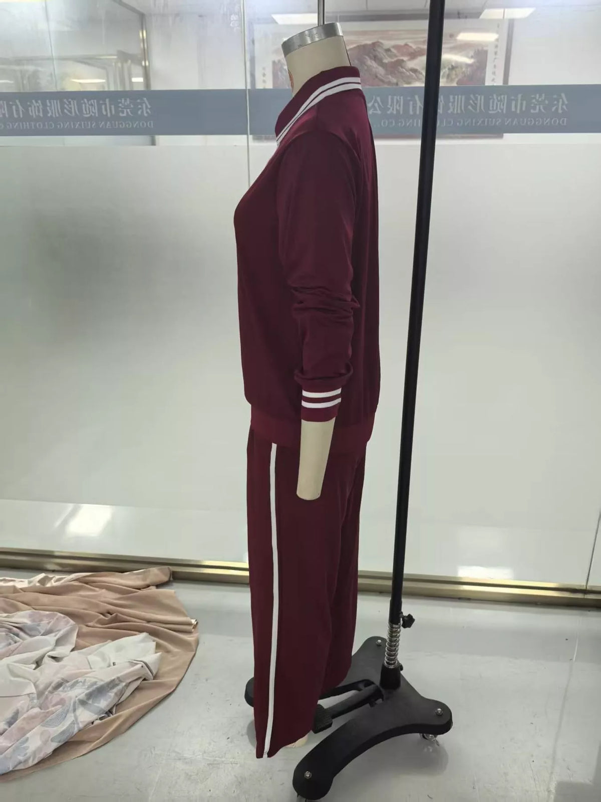 Striped Half Zip Top and Pants Set - Burgundy - View 12