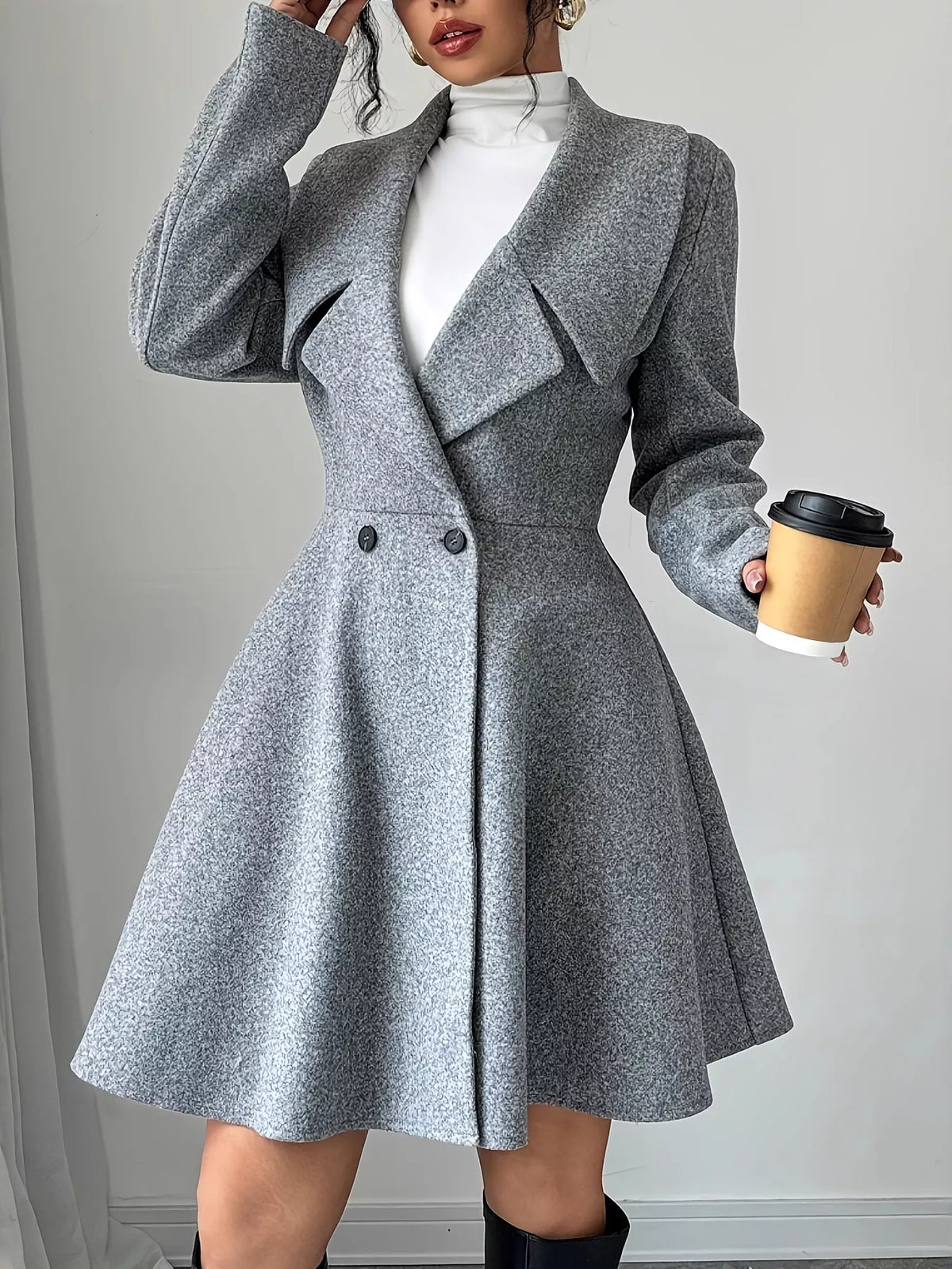 Double-Breasted Long Sleeve Outerwear - Gray - View 1