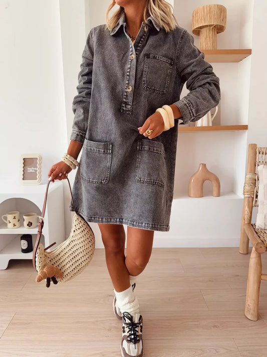 Button Front Denim Shirt Dress - Black - View 2