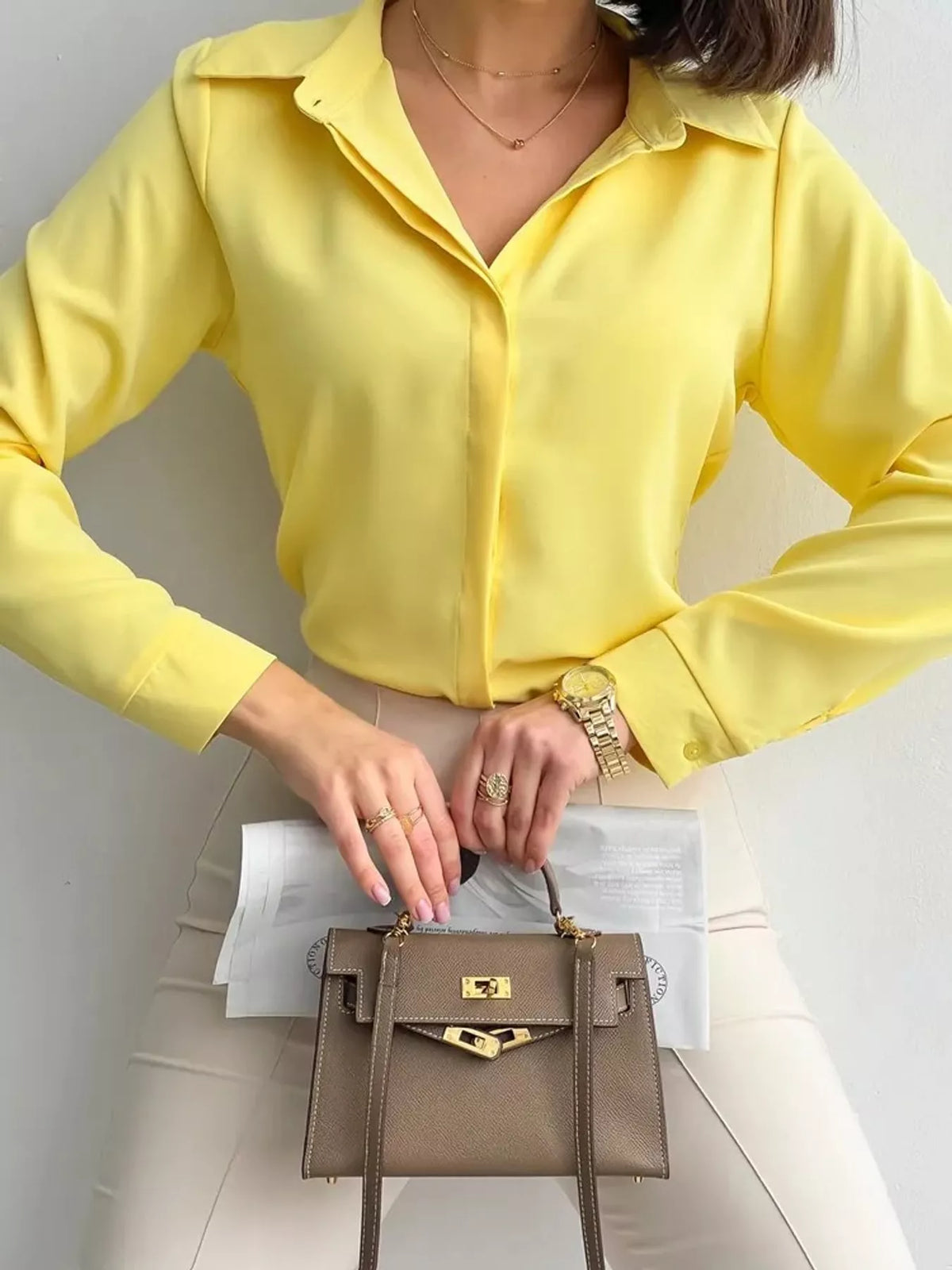 Button Up Long-Sleeve Shirt - Bright Yellow - View 38