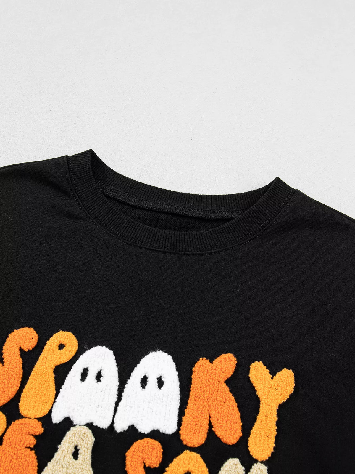Embroidered Spooky Season Long Sleeve Round Neck Sweatshirt - Black - View 6