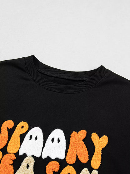 Embroidered Spooky Season Long Sleeve Round Neck Sweatshirt - Black - View 6
