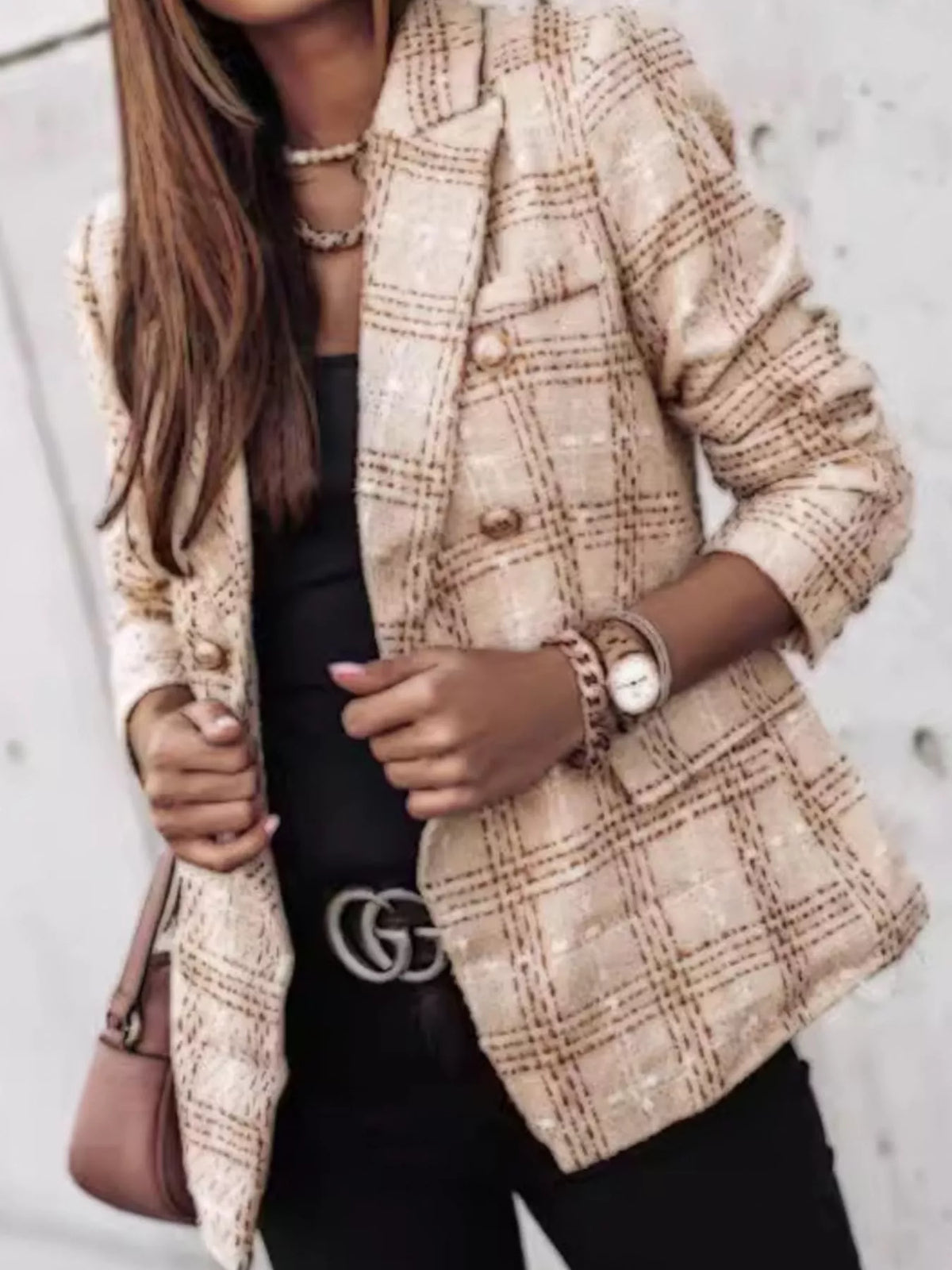 Full Size Plaid Tweed Double-Breasted Blazer Plus Size - Tan - View 2
