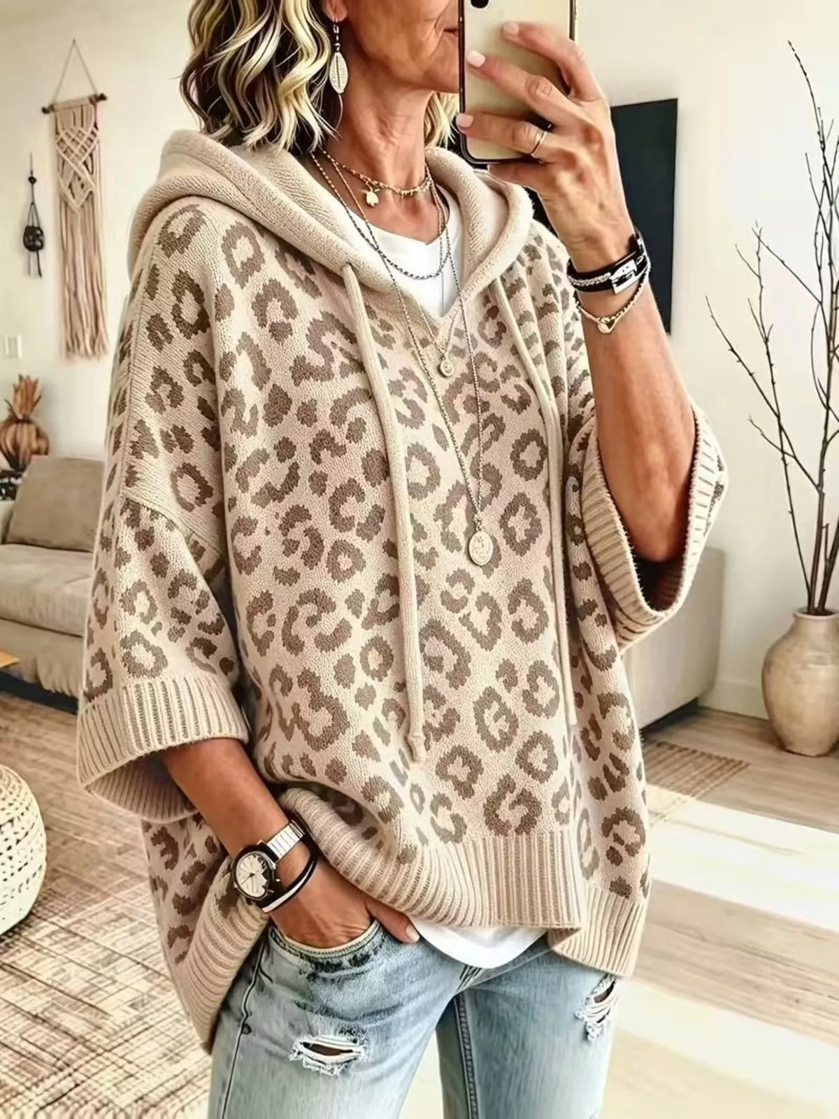 Drawstring Leopard Hooded Sweater - Apricot - View 11