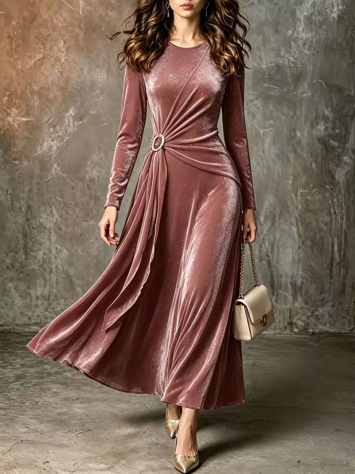 Full Size Velvet Long-Sleeve Maxi Dress with Ring Detail Plus Size - Pink - View 1