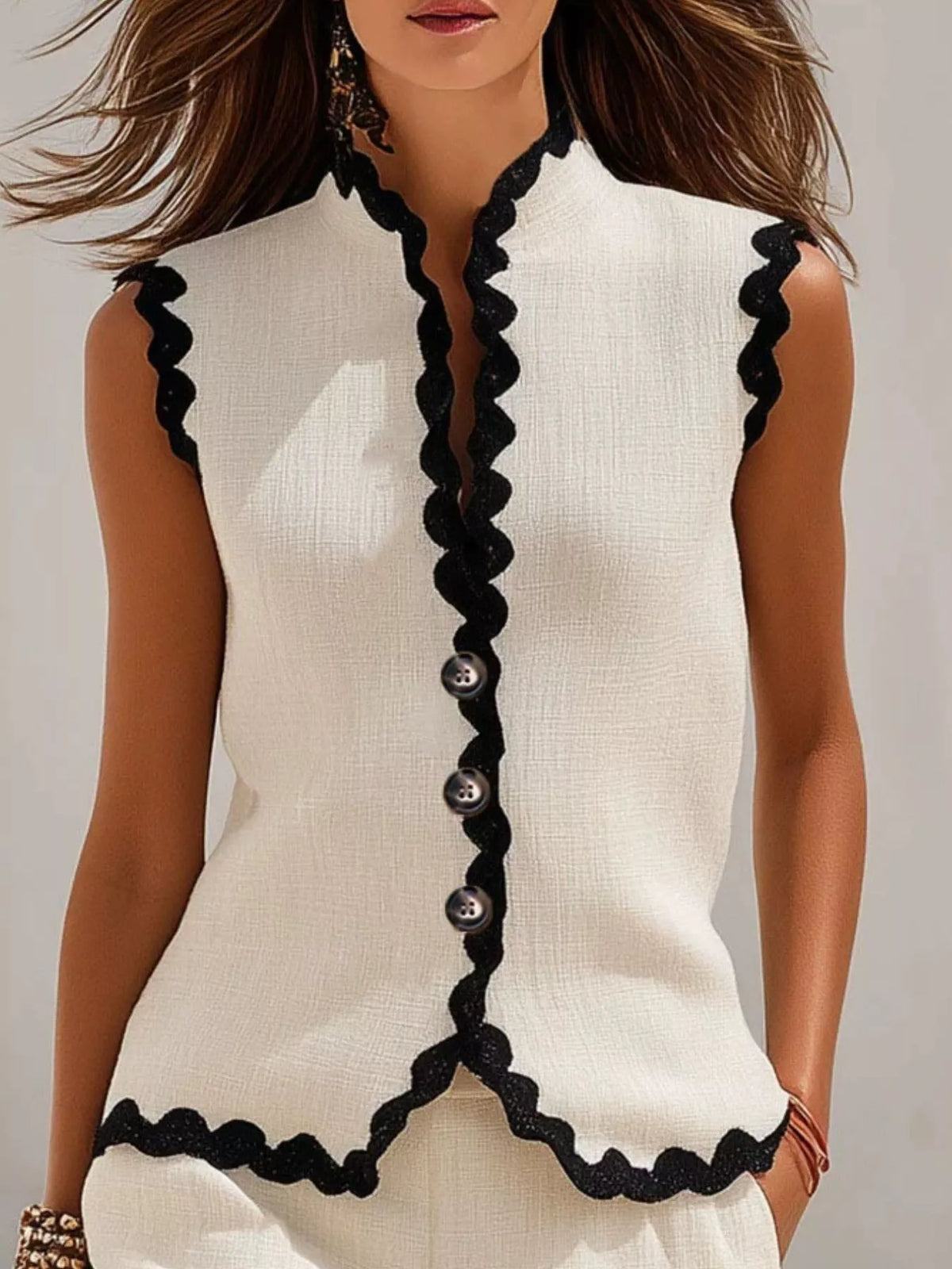 Full Size Scalloped Trim Sleeveless Vest and Shorts Two-Piece Set Plus Size - White - View 2