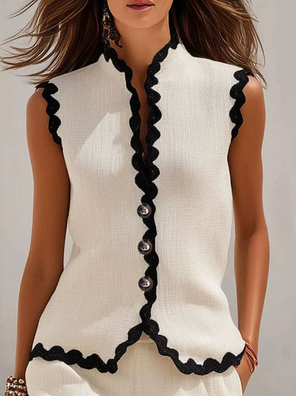 Full Size Scalloped Trim Sleeveless Vest and Shorts Two-Piece Set Plus Size - White - View 2