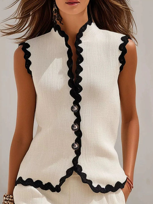 Full Size Scalloped Trim Sleeveless Vest and Shorts Two-Piece Set Plus Size - White - View 2