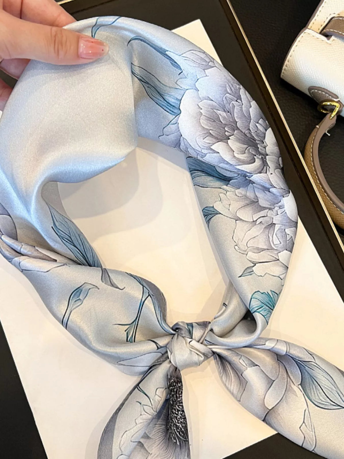 Floral Print Silk Square Scarf - Light Gray - View 6