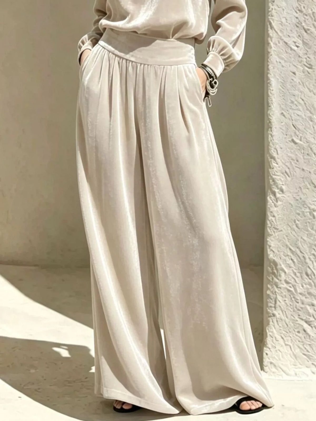 Velvet Mock Neck Long Sleeve Top and Wide-Leg Pants Set - Beige - View 3