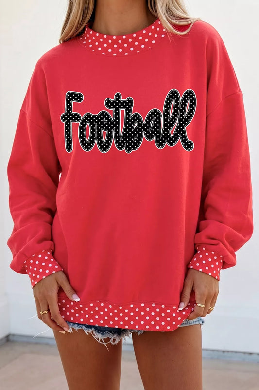 Polka Dot Trim Football Graphic Sweatshirt - Deep Red - View 1