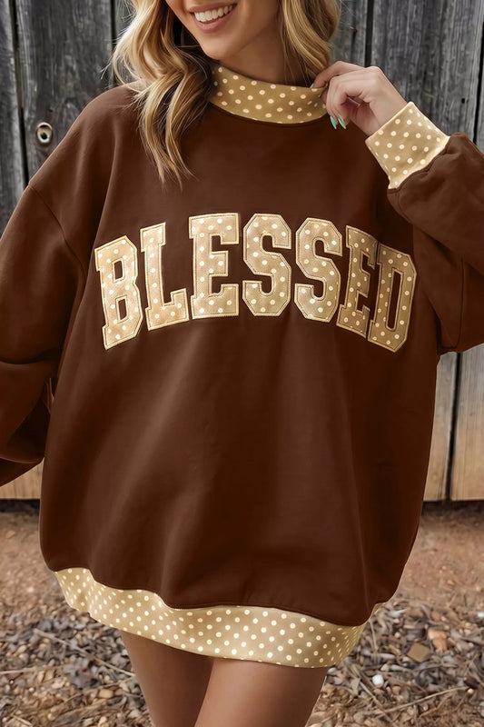 Polka Dot Trim High Neck BLESSED Letter Graphic Baggy Sweatshirt - Dark Brown - View 1
