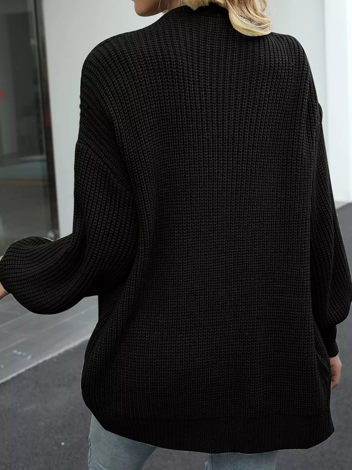 Chunky Knit Open Front Cardigan with Lantern Sleeves - Black - View 26