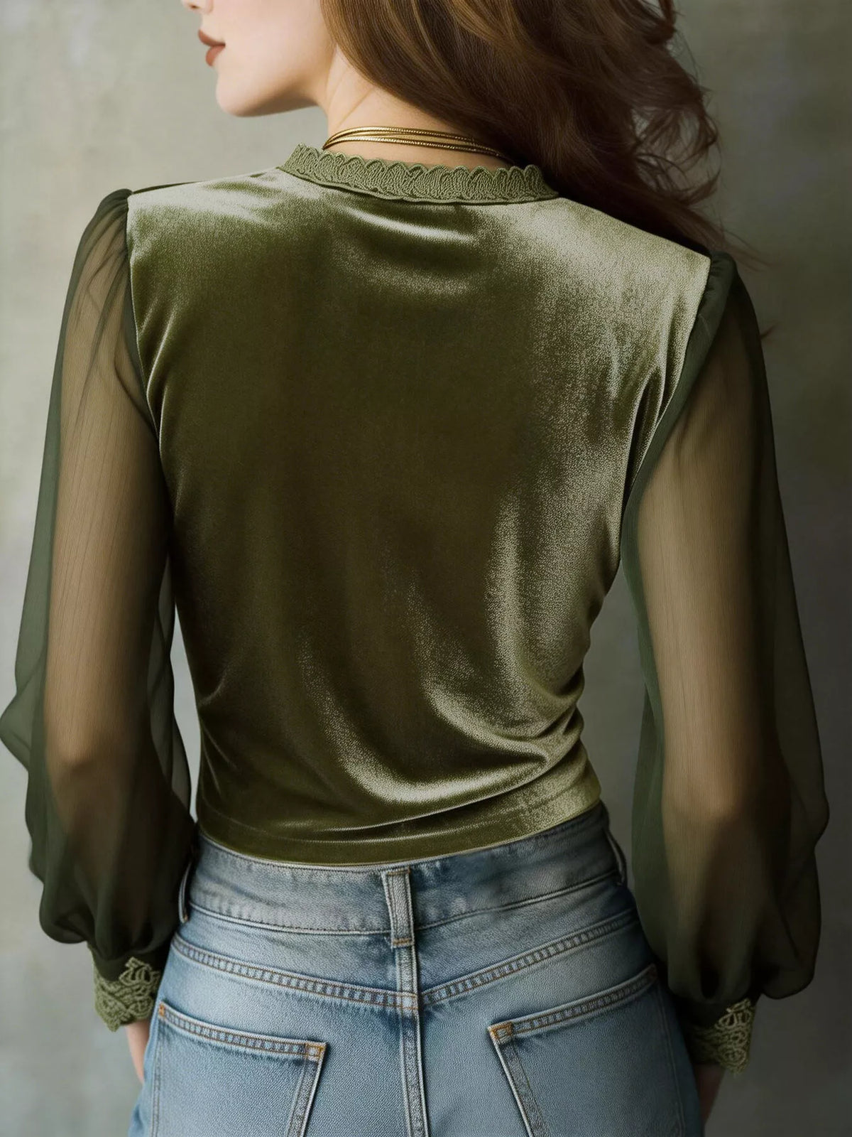 Lace Trim Sheer Long Sleeve Blouse - Moss - View 2
