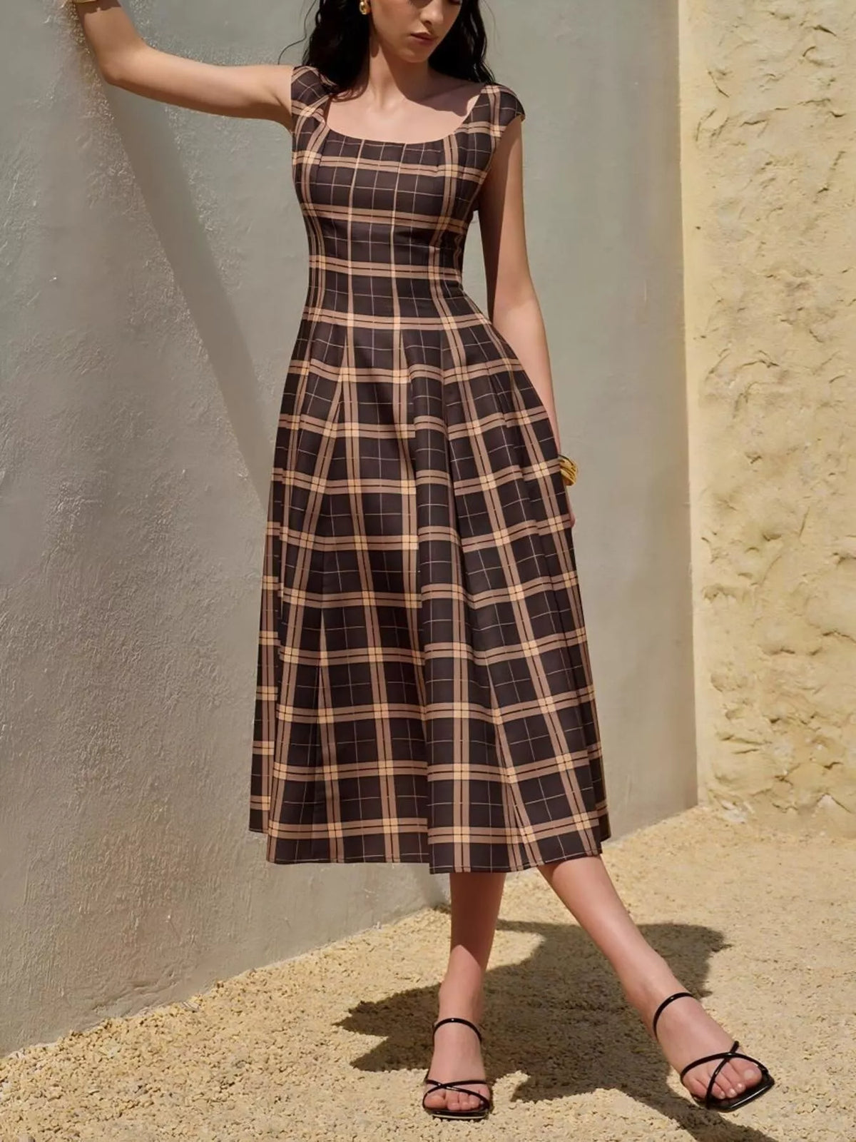 Square Neck Plaid Midi Dress - Brown - View 3