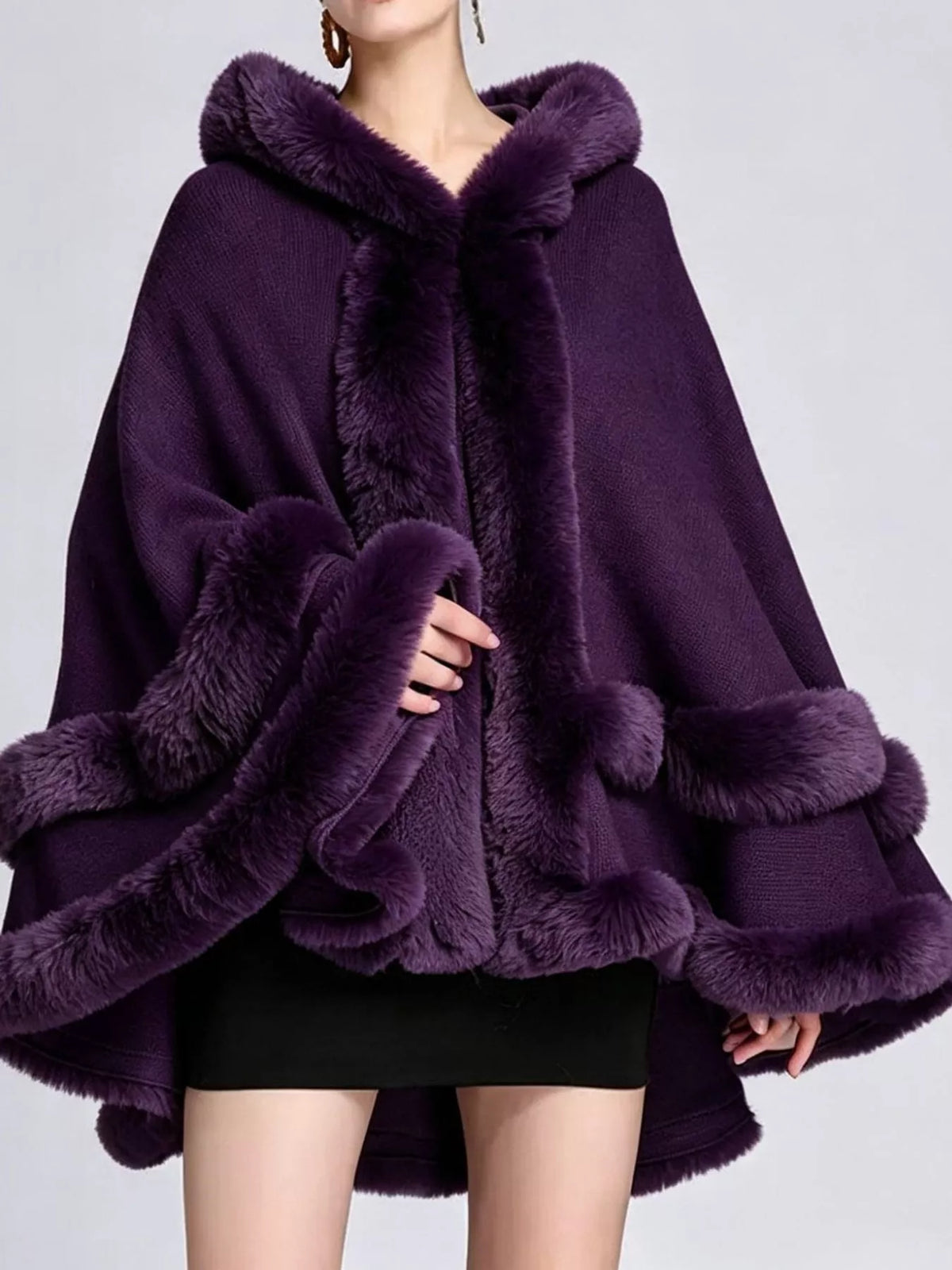 Faux Fur Trimmed Hooded Cape - Purple - View 34
