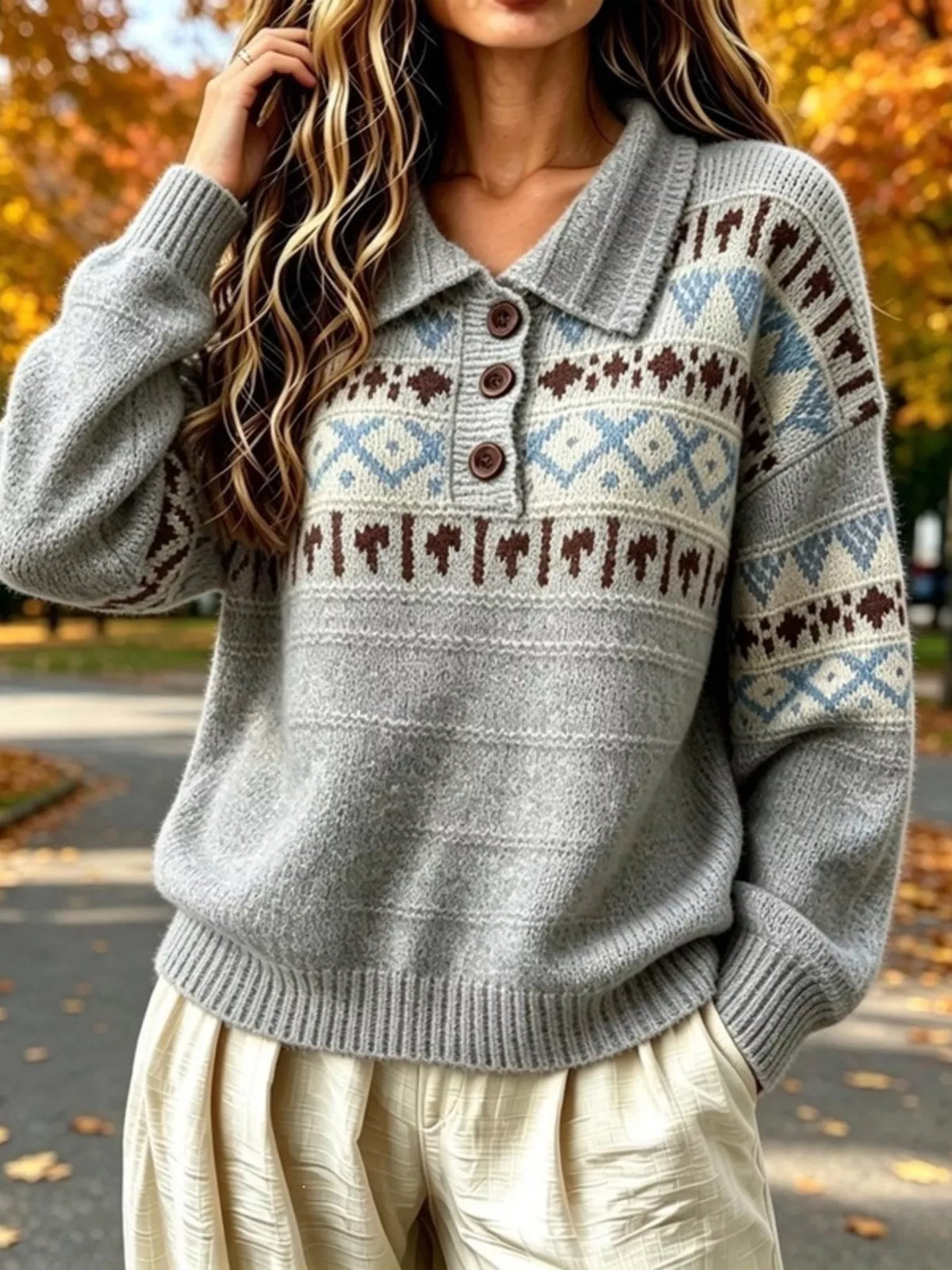 Full Size Vintage Fair Isle Pattern Polo Collar Sweater Plus Size - Gray - View 5