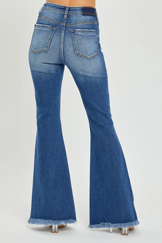 RISEN Full Size High Rise Front Slit Frayed Hem Flare Jeans - product photo 2
