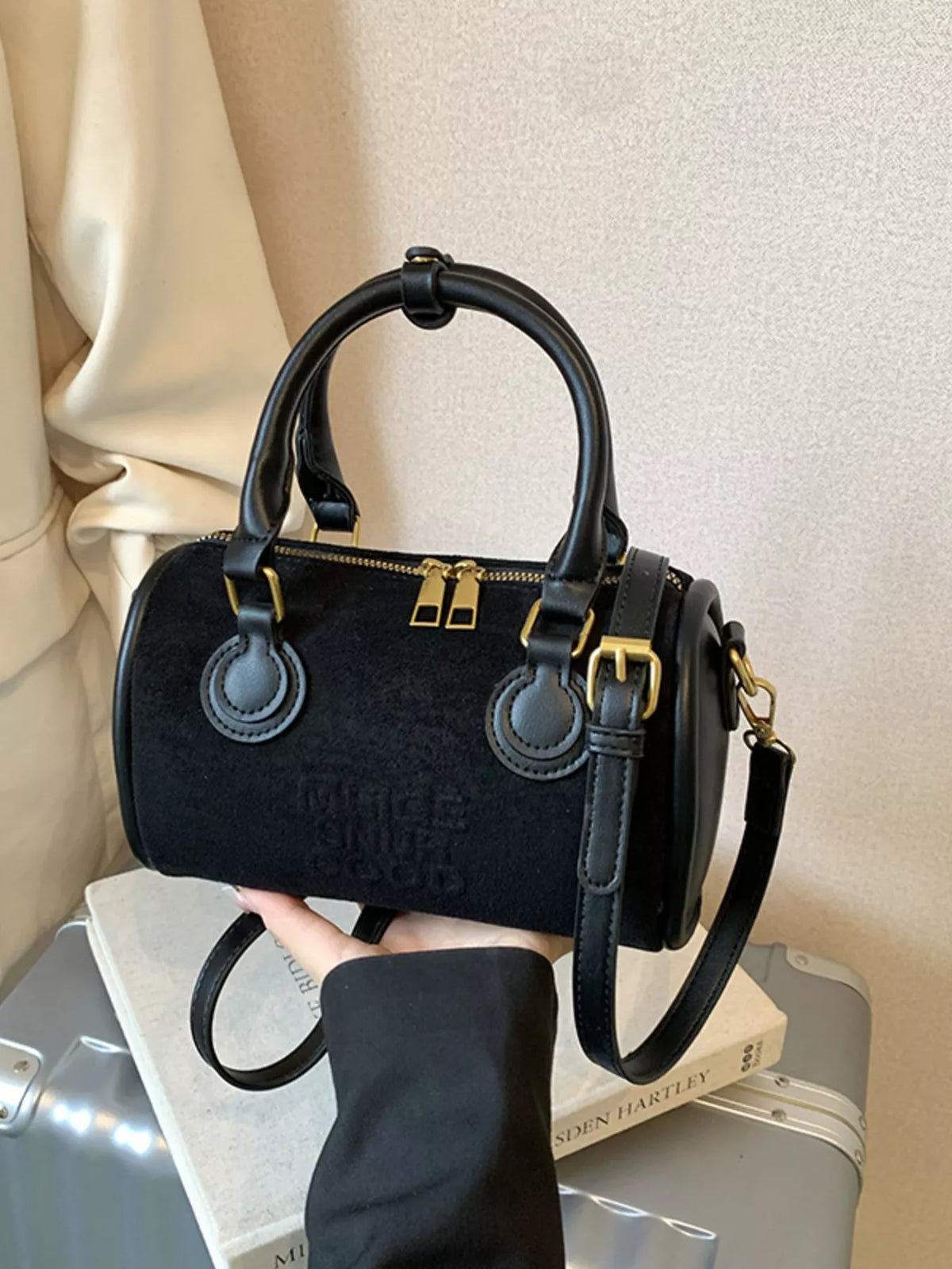 Barrel Crossbody Bag with Top Handle - Black - View 1