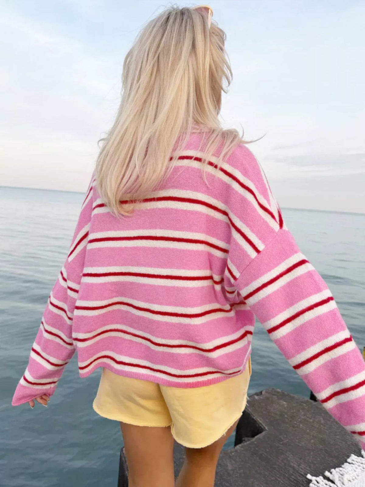 Striped Button-Down Knit Cardigan - Fuchsia Pink - View 2