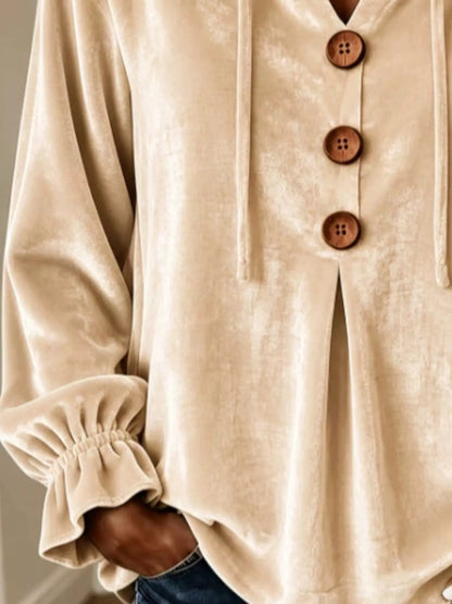 Full Size Decorative Buttons Velvet Hoodie Plus Size - Beige - View 3
