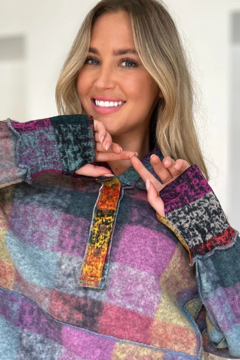 Double Take Full Size Plaid Dropped Shoulder Fleece Hoodie Plus Size - Heliotrope Purple - View 7